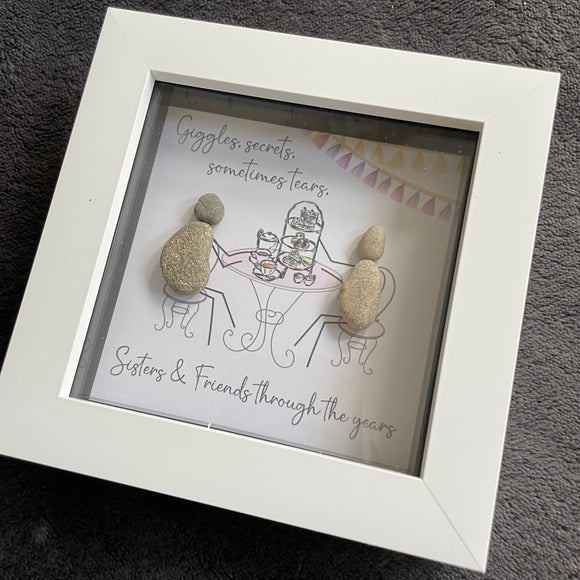 Pebble Art by La De Da Living   Award winning keepsake gifts - Handmade in the Cotswolds    Mini Framed Pebble Art - White block square frame 12.5cm 'Giggles, secrets, sometimes tears. Sisters & Friends through the years'