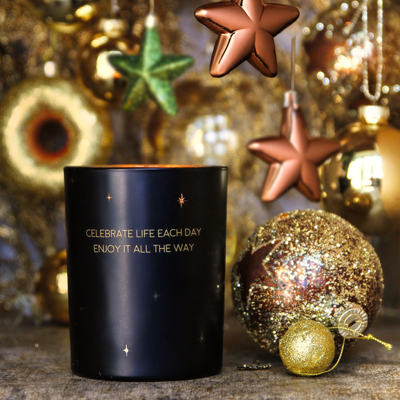 Soy Candle 12.5cm 
Presented in a Black Glass Jar with the Fragrance Winter Wood.
Quote on the candle; 'Celebrate Life each day enjoy it all the way' 