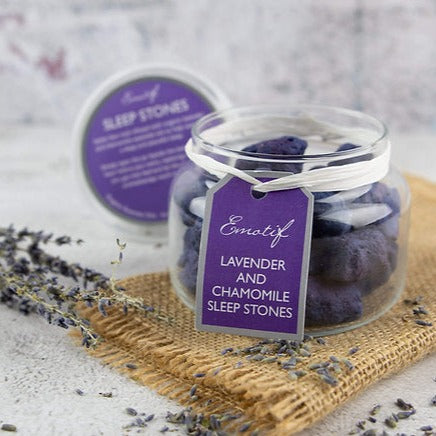 Aromatherapy Lavender & Chamomile Sleep Stones Natural volcanic rock (responsibly collected from Mount Etna) infused for many days in the very best organic oils of British lavender and chamomile contained within a resealable glass jar. Lavender and chamomile are both so well-known for their therapeutic and healing qualities. 
