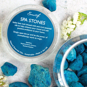 Aromatherapy Relaxing Spa Stones Natural volcanic rock (responsibly collected from Mount Etna) infused with unique blend of 11 natural and organic essential oils to help uplift your mood and add a positive ambience to your home. 