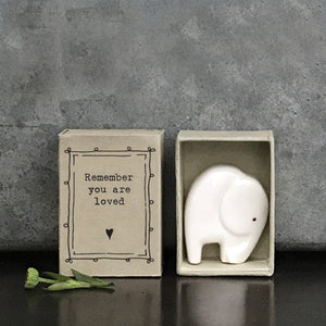 East of India quotable matchbox collection Porcelain Elephant presented in a small matchbox with the words; 'Remember you are loved'