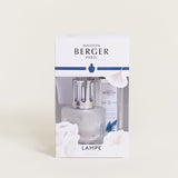 Maison Berger Aroma Gift Set; Frosted white glass lamp with a floral leaf decoration. 250ml Aroma Happy fragrance - Aquatic freshness  4676