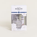 Maison Berger Aroma Gift Set; Frosted white glass lamp with a floral leaf decoration. 250ml Aroma Relax fragrance - Oriental comfort 4677