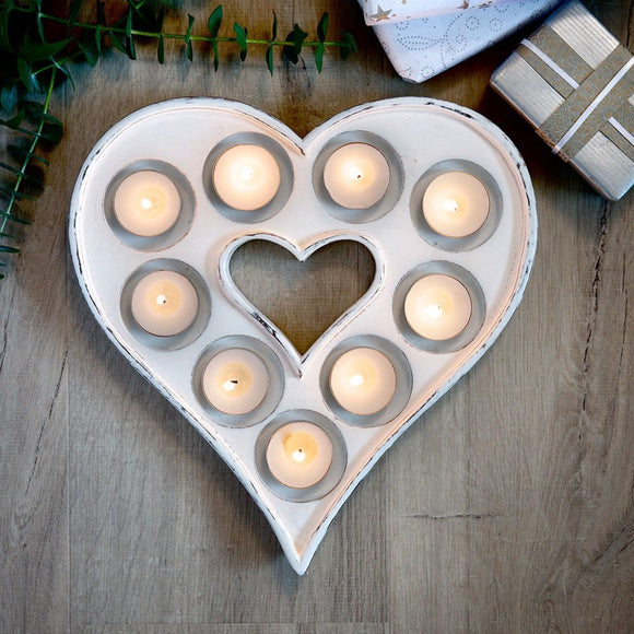 Retreat-home Whitewashed Nine T-light holder in a Heart shape