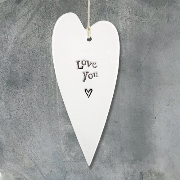 East of India Hanging Porcelain Long Heart with a meaningful quotes; 'Love you' 2030