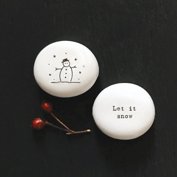 East of India Quotable Christmas pebble collection - Small gifts with a meaningful quote for someone special at Christmas - perfect stocking filler; White Round Pebble 'Let it snow'