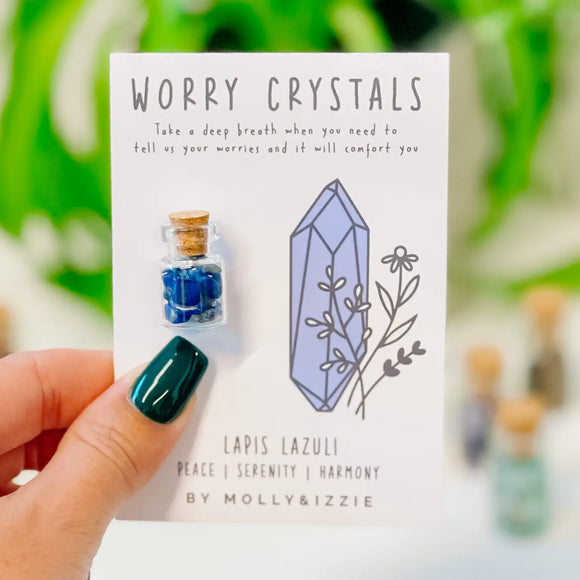Mini Jar of Worry Crystals by Molly & Izzie Presented on A7 gift card with the following message; Lapis Lazuli - Peace, serenity, harmony    Take a deep breath when you need tell us your worries and it will comfort you'. 