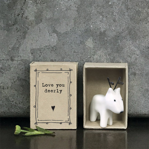 Christmas East of India quotable matchbox collection Porcelain Reindeer presented in a small matchbox with the words; ' Love you Deerly'