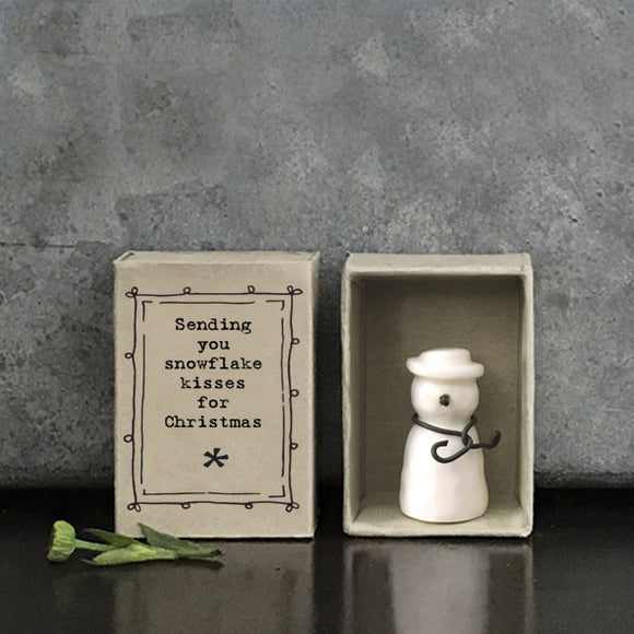 Christmas East of India quotable matchbox collection Porcelain Snowman presented in a small matchbox with the words; 'Sending you snowflake kisses for Christmas'