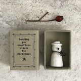 Christmas East of India quotable matchbox collection Porcelain Snowman presented in a small matchbox with the words; 'Sending you snowflake kisses for Christmas'