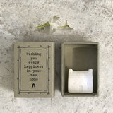 ast of India quotable matchbox collection Porcelain small House presented in a small matchbox with the words; ' Wishing you every happiness in your new home'