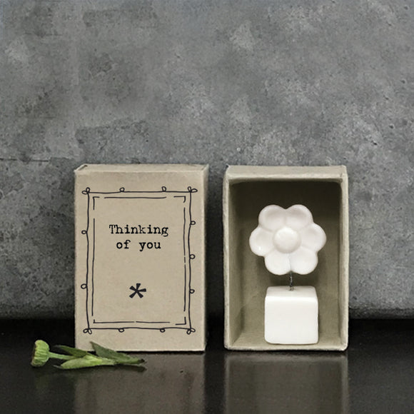 East of India quotable matchbox collection Porcelain small Flower in a pot presented in a small matchbox with the words; 'Thinking of you'