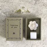 East of India quotable matchbox collection Porcelain small Flower in a pot presented in a small matchbox with the words; 'Thinking of you'