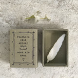 East of India quotable matchbox collection Porcelain Feather presented in a small matchbox with the words; 'Feathers will appear when loved ones are near'