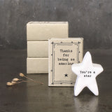 East of India quotable matchbox collection Porcelain chunky standing Star with 'You're a star' presented in a small matchbox with the words; 'Thanks for being so amazing'