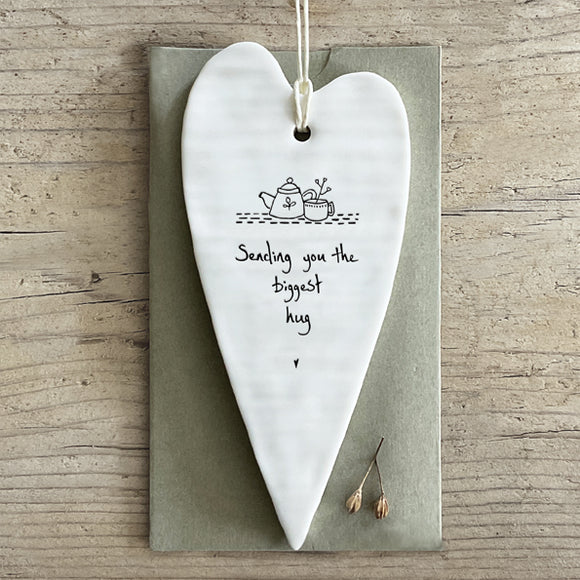 East of India Hanging Porcelain Long Heart with a meaningful quotes; ' Sending you the biggest hug' 6233