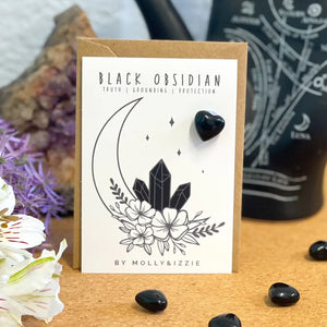 Heart crystal on small A7 gift card; Black Obsidian - Truth, Grounding, Protection