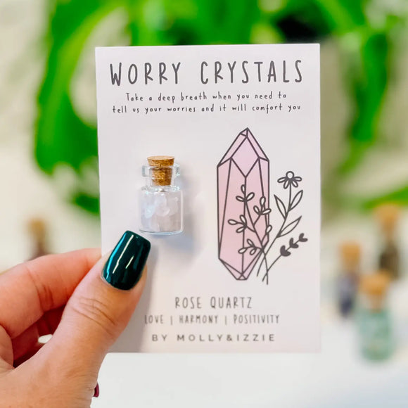 Mini Jar of Worry Crystals by Molly & Izzie Presented on A7 gift card with the following message; Rose Quartz - Love, harmony, positivity    Take a deep breath when you need tell us your worries and it will comfort you'. 