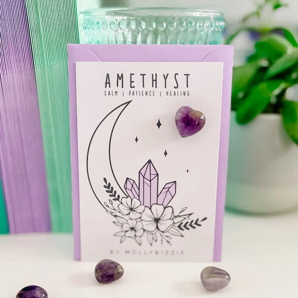 Heart crystal on small A7 gift card; Amethyst - Calm, Patience, Healing 