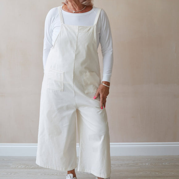 Cord Ecru Maddie Jumpsuit is in light weight need cord fabric suitable for all seasons. It is in one size to fit up to a size 14.  Same great shape with a simple yet stylish wide leg cut with slim straps and front patch pockets.