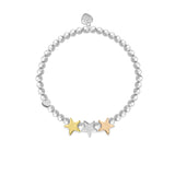 Silver Elastic Beaded Bracelet with three star charms - gold silver and rose gold - Congratulations