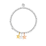 Silver Elastic Bracelet with three star charms - gold silver and rose gold - Congrats