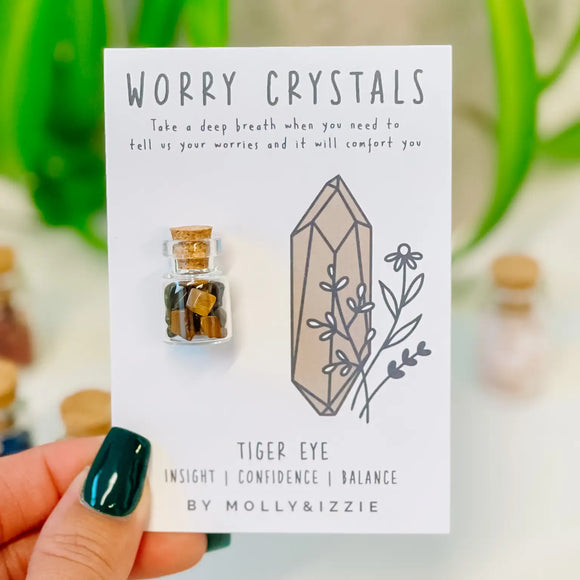 Mini Jar of Worry Crystals by Molly & Izzie Presented on A7 gift card with the following message; Tiger Eye - Insight, confidence, balance    Take a deep breath when you need tell us your worries and it will comfort you'. 
