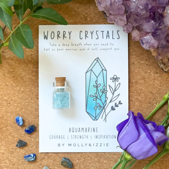 Mini Jar of Worry Crystals by Molly & Izzie Presented on A7 gift card with the following message; Aquamarine - Courage, strength, inspiration   Take a deep breath when you need tell us your worries and it will comfort you'. 