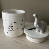 Cute Elephant white H12cm ceramic quotable Money Box; 'Small change for big adventures'