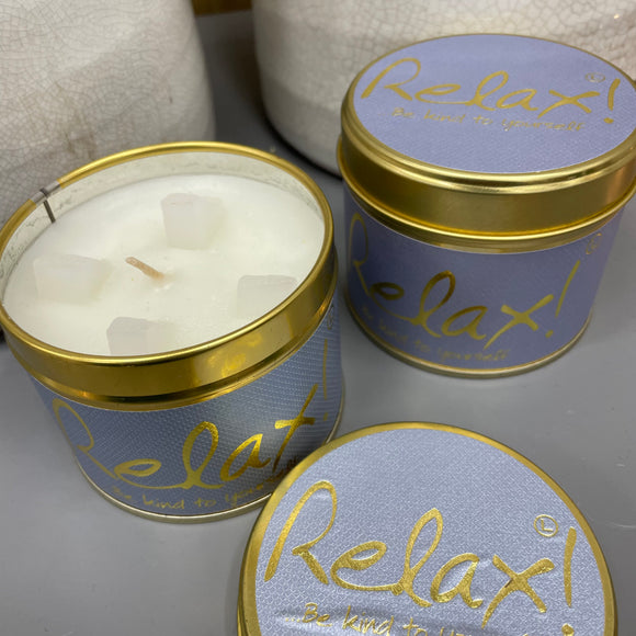 Lily Flame scented tin candle Relax! Be kind to yourself 