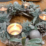 Round table decoration; 4 T-light holder D30cm decorated with greenery, pinecones &amp; silver glitter baubles&nbsp;