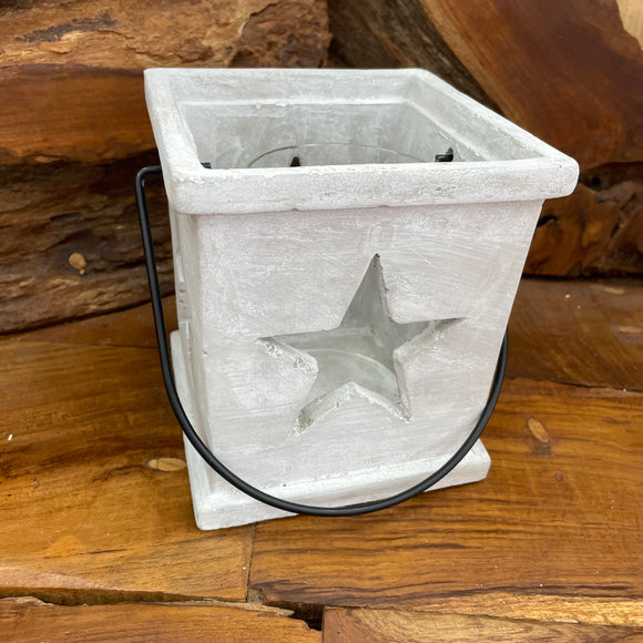 Concrete Cut Out Star Lantern H16cm with glass inner and handle