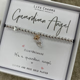 Life charms silver bracelet with silver feather charm & gold heart - reads "Guardian Angel #justbecause It's a guardian angel x"