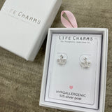 Life Charms the Thoughtful Jewellery Co. Silver plated stud hypoallergenic Earrings collection;  Crown design
