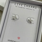 Life Charms the Thoughtful Jewellery Co. Silver plated stud hypoallergenic Earrings collection; Moonstar Flower Silver Stud Design