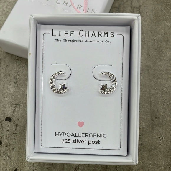 Life Charms the Thoughtful Jewellery Co. Silver plated stud hypoallergenic Earrings collection; Moon & Star design 