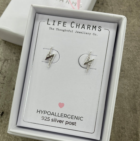 Life Charms the Thoughtful Jewellery Co. Silver plated stud hypoallergenic Earrings collection; Silver Thunderbolt design