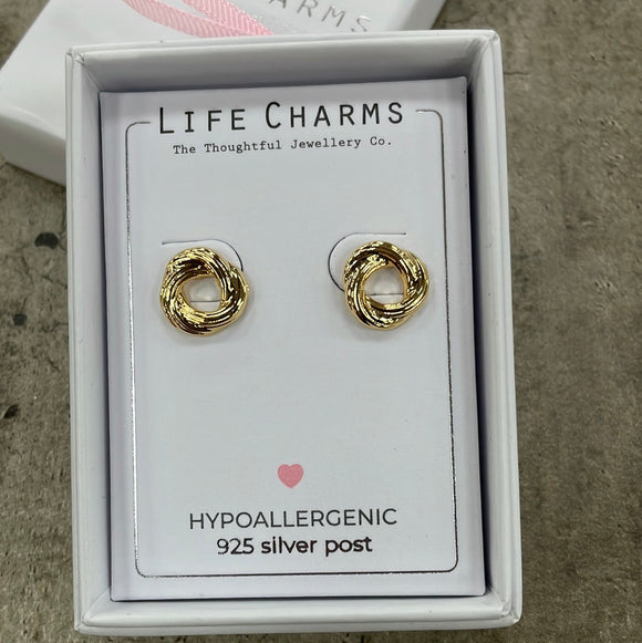 Life Charms the Thoughtful Jewellery Co. Gold plated stud hypoallergenic Earrings collection; Gold Knot design