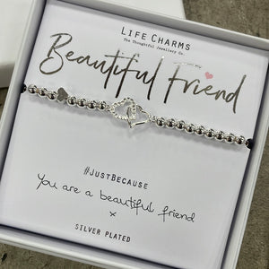 Life Charms Silver Bracelet with Intertwined Hearts Charm - "Beautiful Friend #justbecause You are a beautiful friend x"