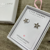 Life Charms the Thoughtful Jewellery Co. Silver plated stud hypoallergenic Earrings collection;  Starburst design