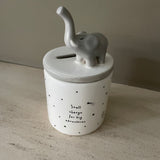 Cute Elephant white H12cm ceramic quotable Money Box; 'Small change for big adventures'