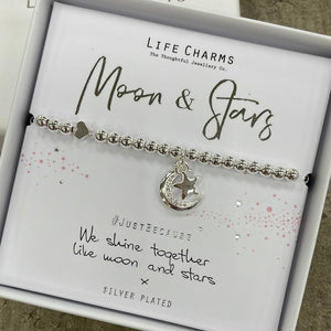 Life Charms Silver Plated Bracelet with dangly moon & star charms - reads "Moon & Stars #justbecause We shine together like moon and stars x"