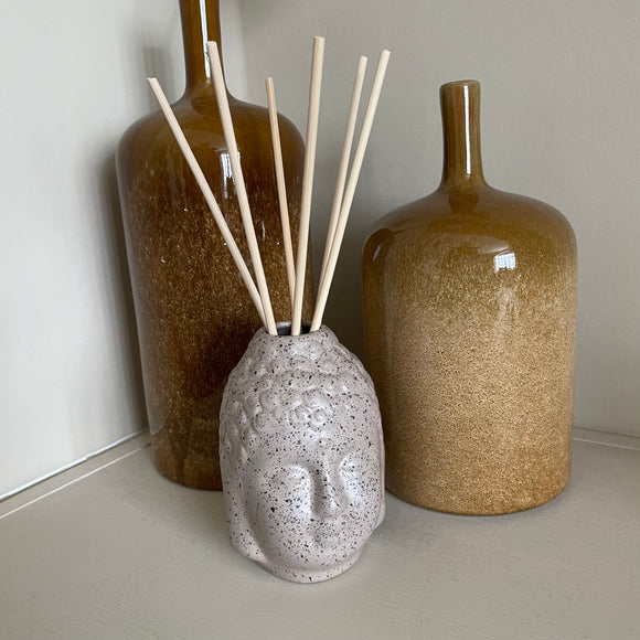 Statement Ceramic Buddha head Diffuser including 100ml of fragrance. Stone coloured buddha head 26cm total height