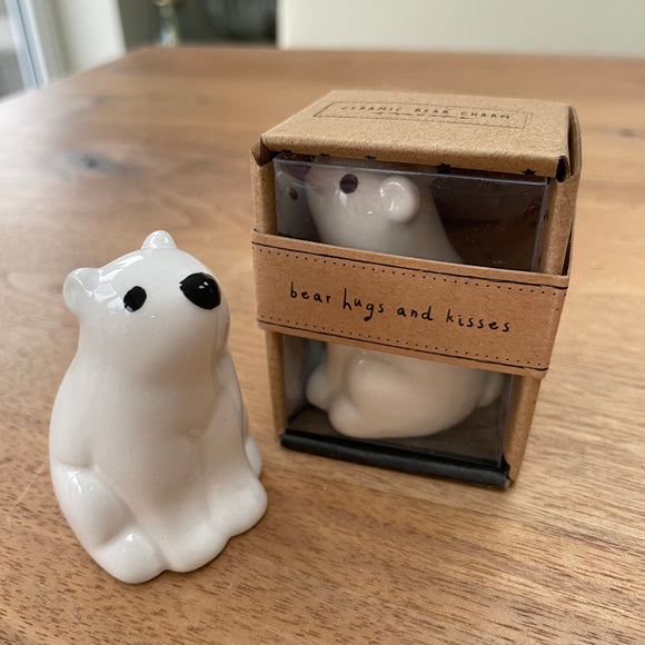 Cute Bear White Ceramic Charm Keepsake 6cm Quote on the Send with Love box - 'bear hugs and kisses' presented in a gift box