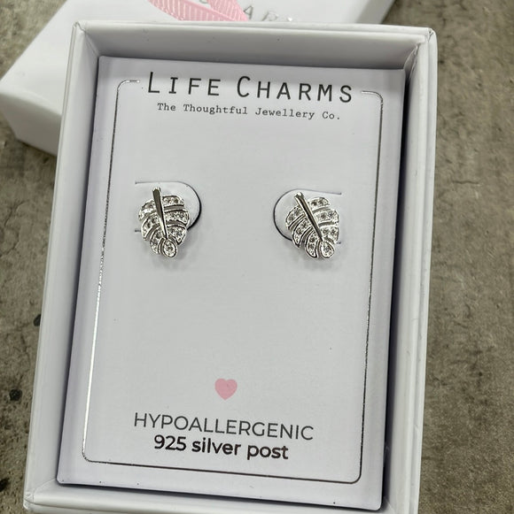 Life Charms the Thoughtful Jewellery Co. Silver plated stud hypoallergenic Earrings collection; Palm Leaf design