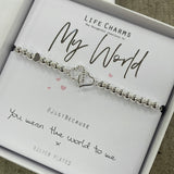 Life Charm Silver plated Bracelet with intertwining heart charms - reads ‘My World’ #justbecause you mean the world to me x