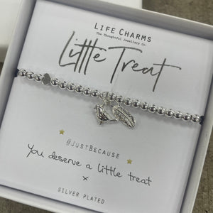 Life charms Silver Bracelet with bird & feather dangly charms - reads "Little Treat #justbecause You deserve a little treat x"