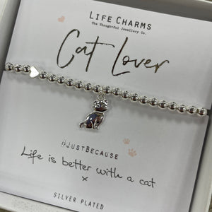 Life Charms Silver Bracelet with Cat charm - "Cat Lover #justbecause Life is better with a cat x"