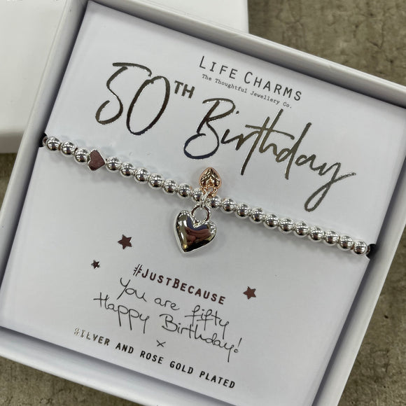 Life Charms Bracelet - '50th Birthday' - puffed heart silver bracelet with gold details - 