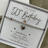 Life Charms Bracelet - '50th Birthday' - puffed heart silver bracelet with gold details - "#justbecause - you are fifty, happy birthday! x"